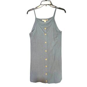 Monteau Blue Pinstripe Button-Down Linen Blend Dress Spaghetti Straps Medium